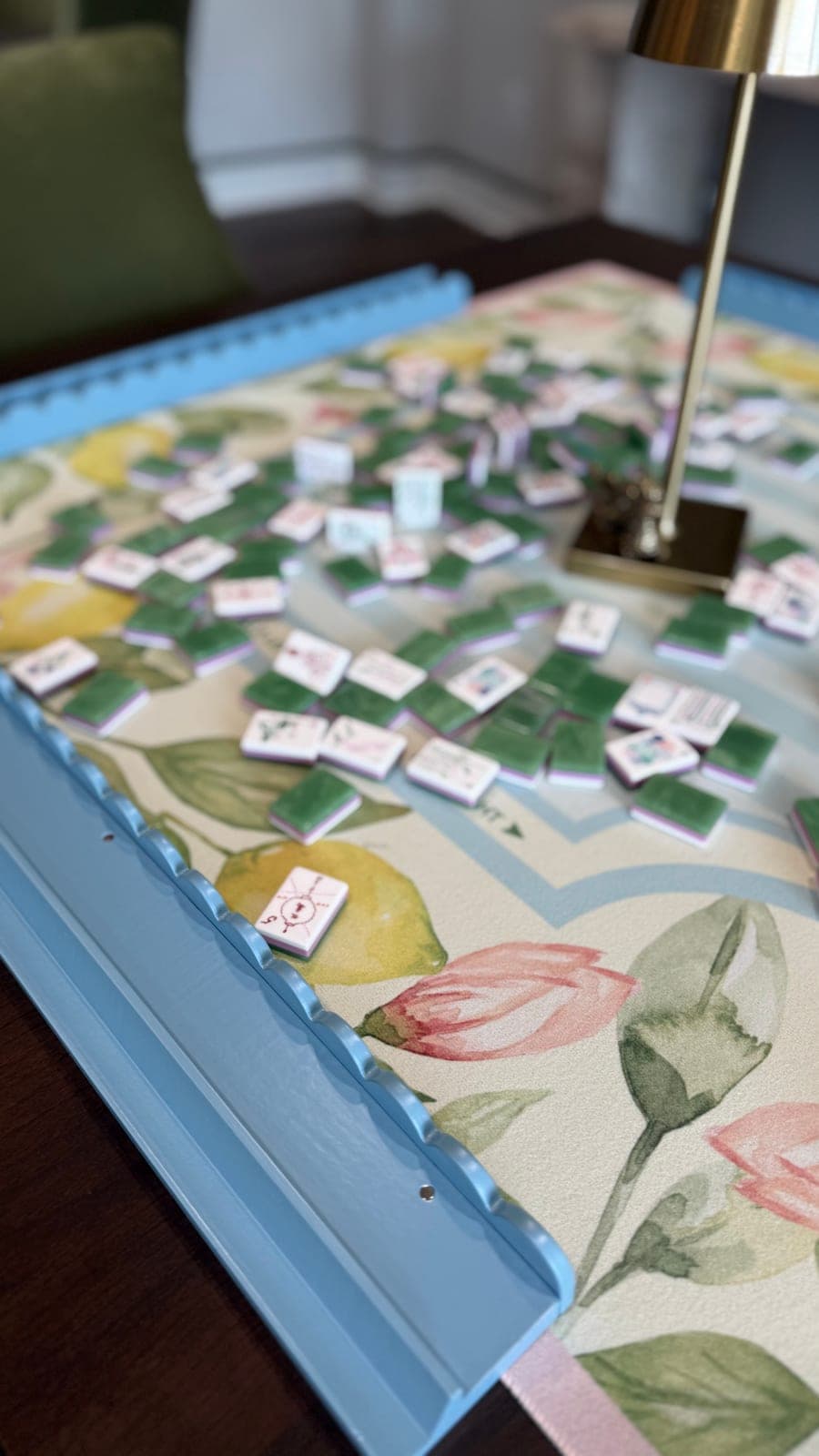 Players enjoying American mahjong at a styled table in Greenville/Pickens.