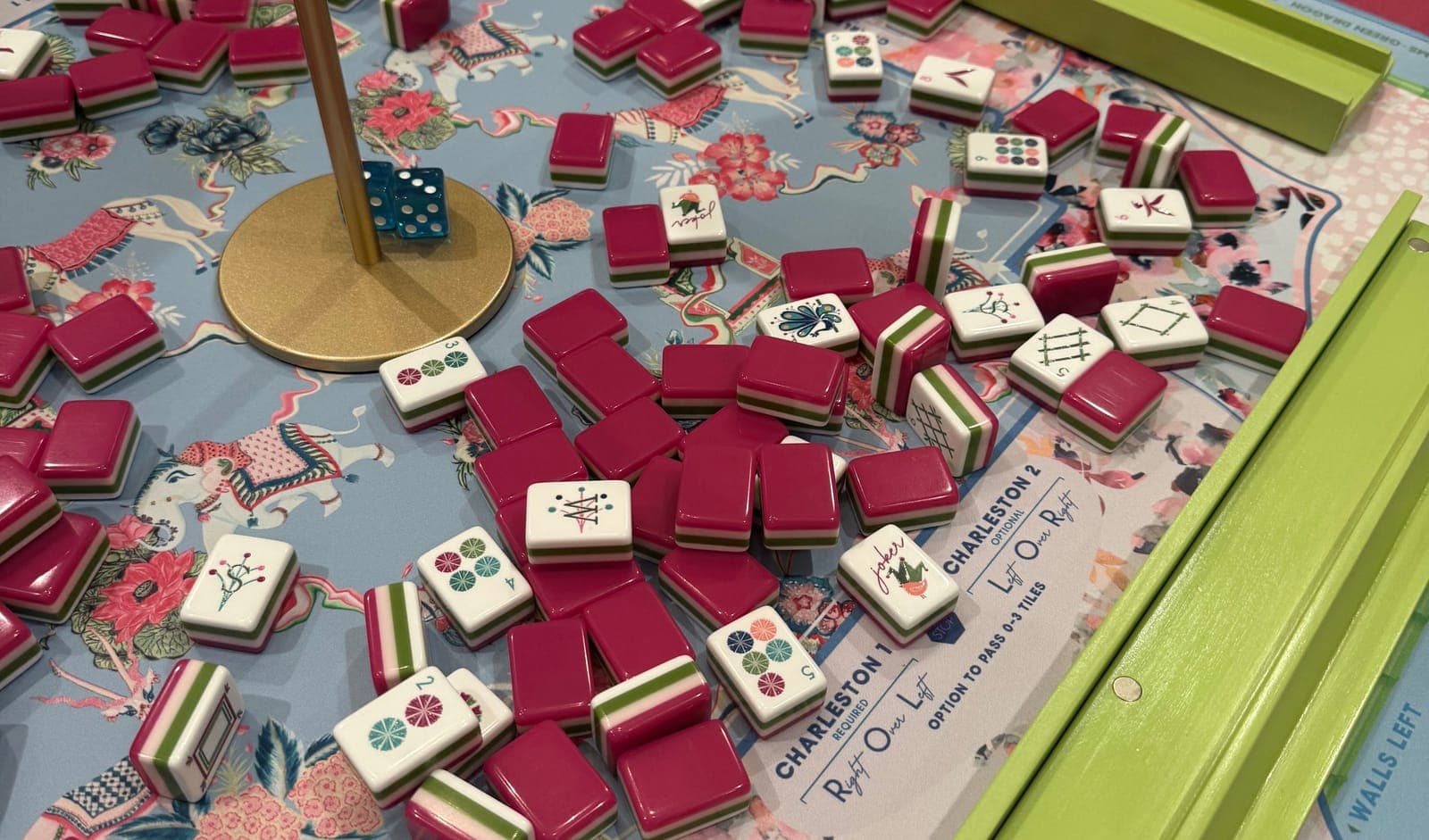 Players enjoying American mahjong at a styled table in Dallas County.